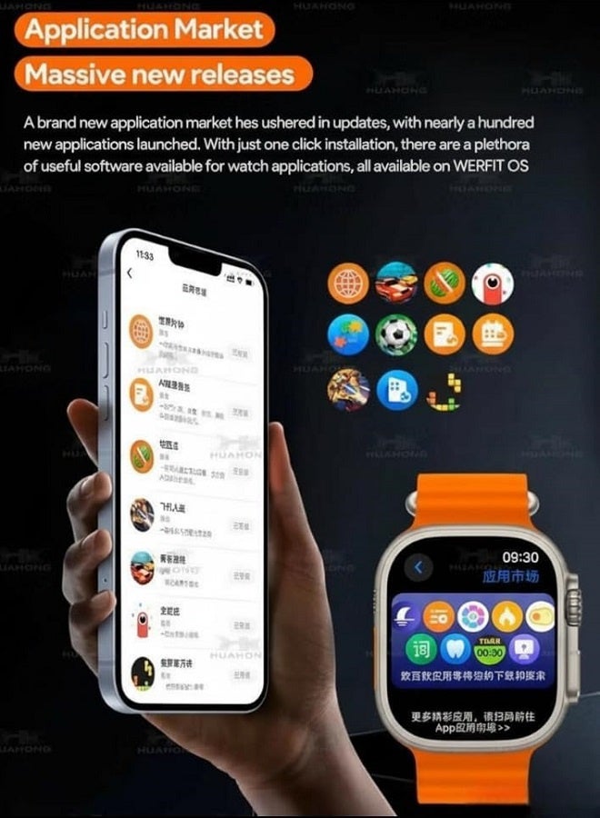HK ساعة ذكية HK10 ULTRA 3 Series 9 (2024) Wearfit Pro، شاشة سوبر AMOLED، فتح، دردشة AI، GPS، NFC، بلوتوث 5.0، مكالمات، شحن لاسلكي - فضي/برتقالي - Image 4